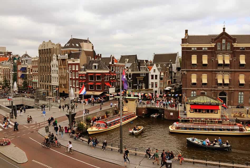 aerial view of Amsterdam canal and streets